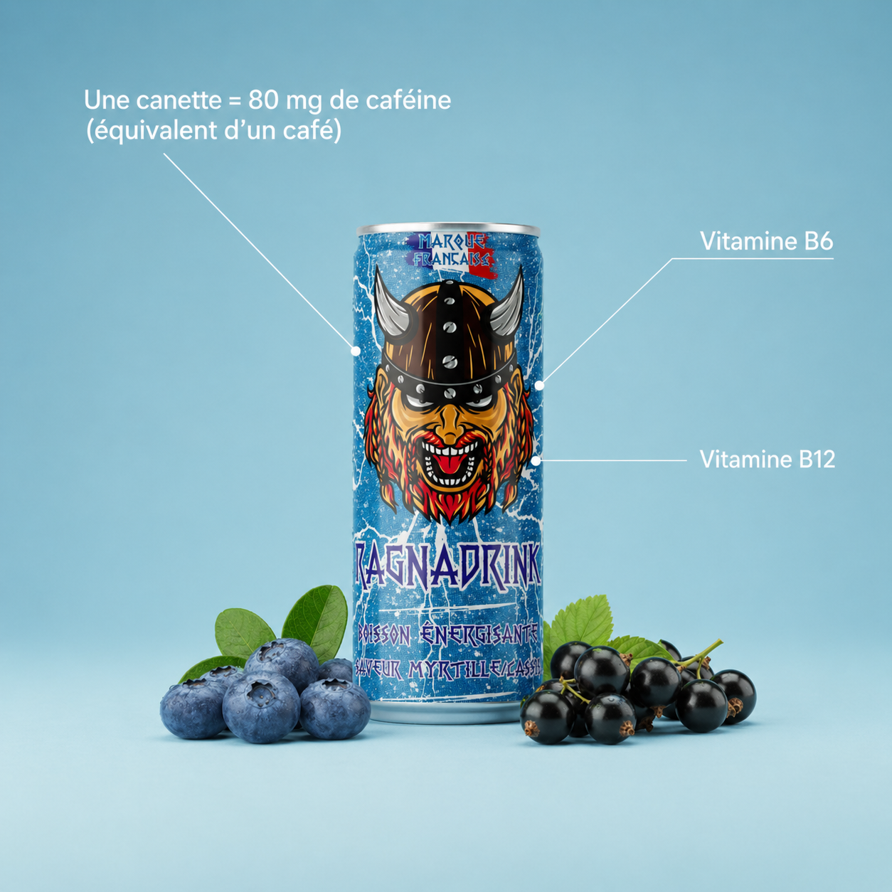 Pack 24 canettes RagnaDrink Myrtille/Cassis – Boisson énergisante française