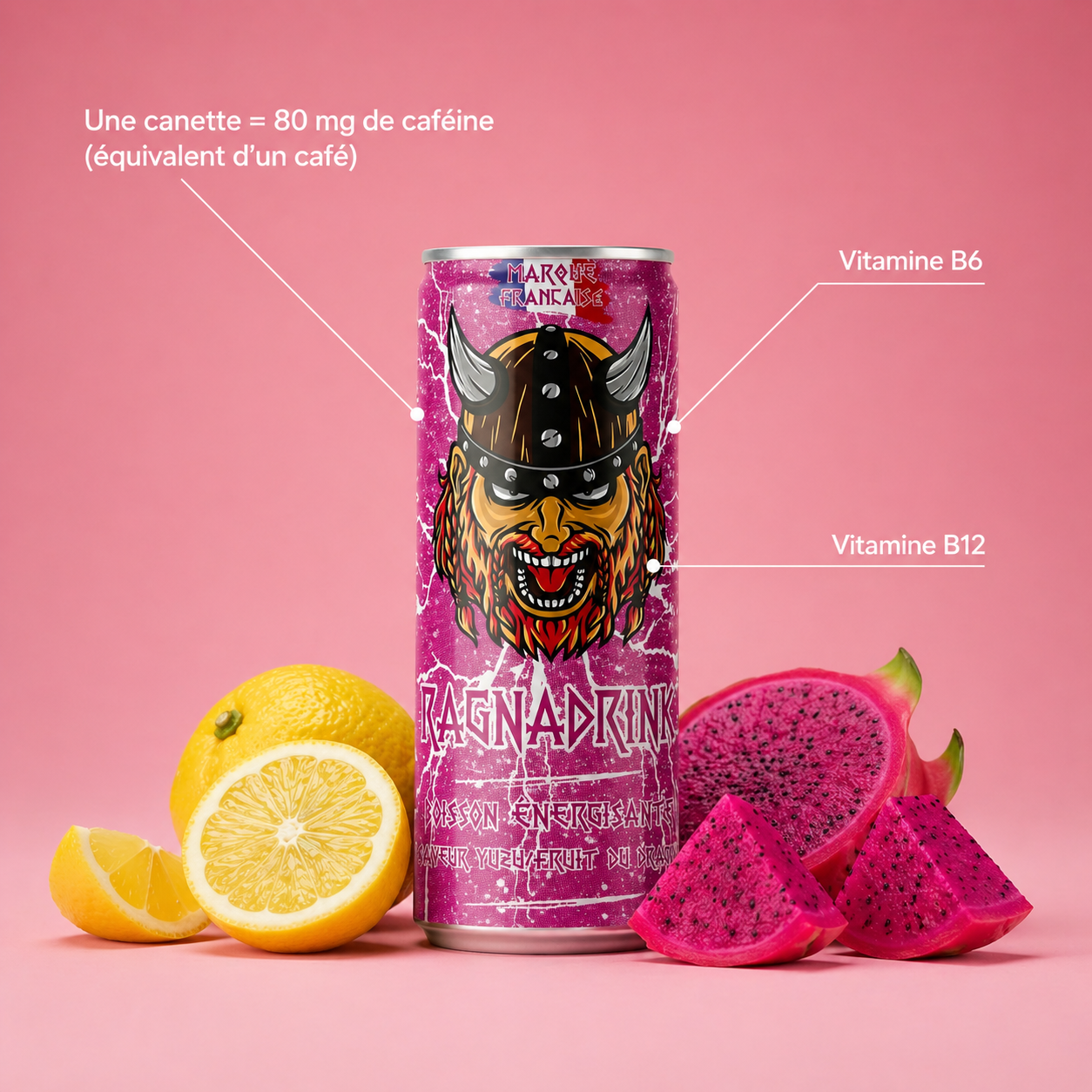 Pack 24 canettes RagnaDrink Fruit du Dragon – Boisson énergisante française