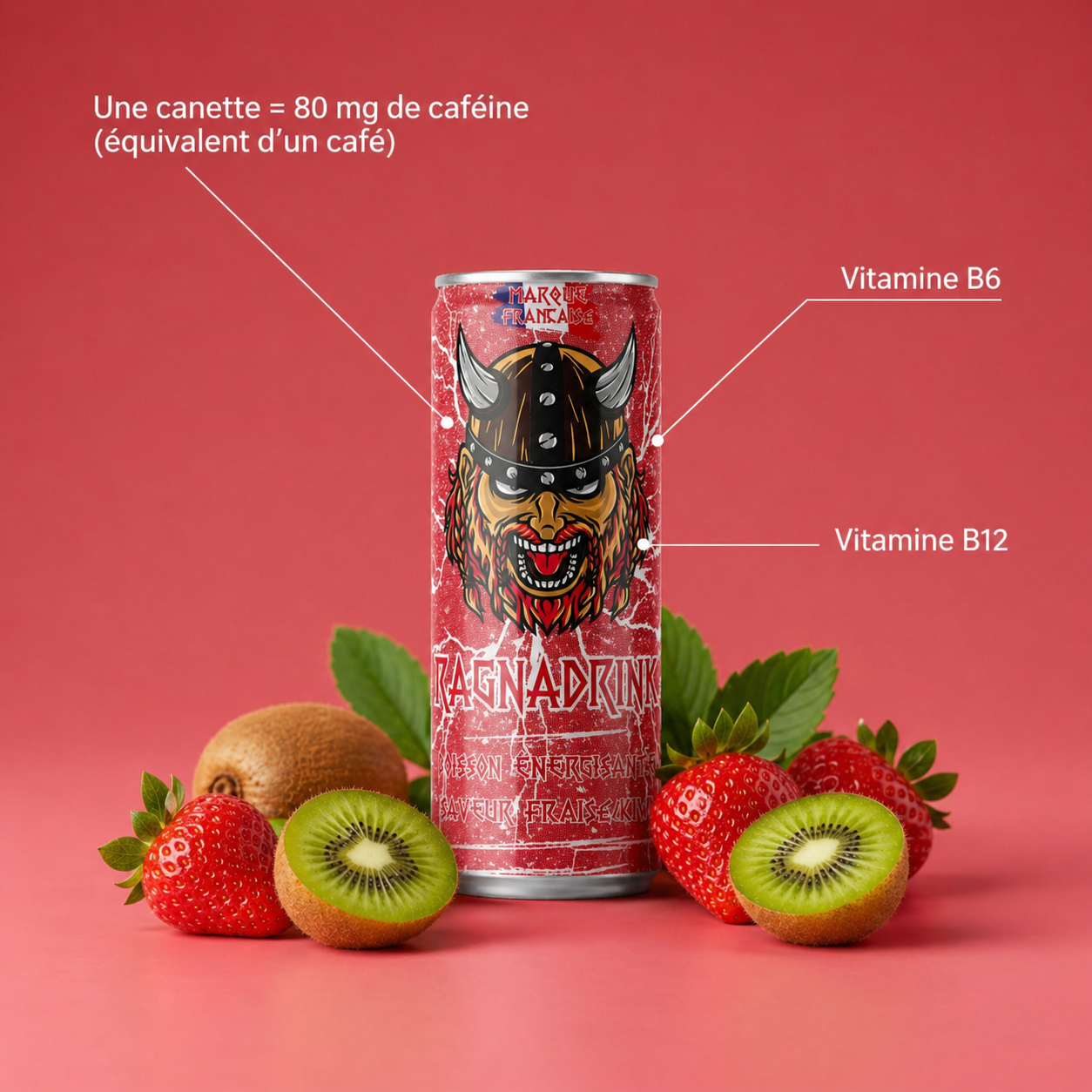Pack 24 canettes RagnaDrink Fraise/Kiwi – Boisson énergisante française
