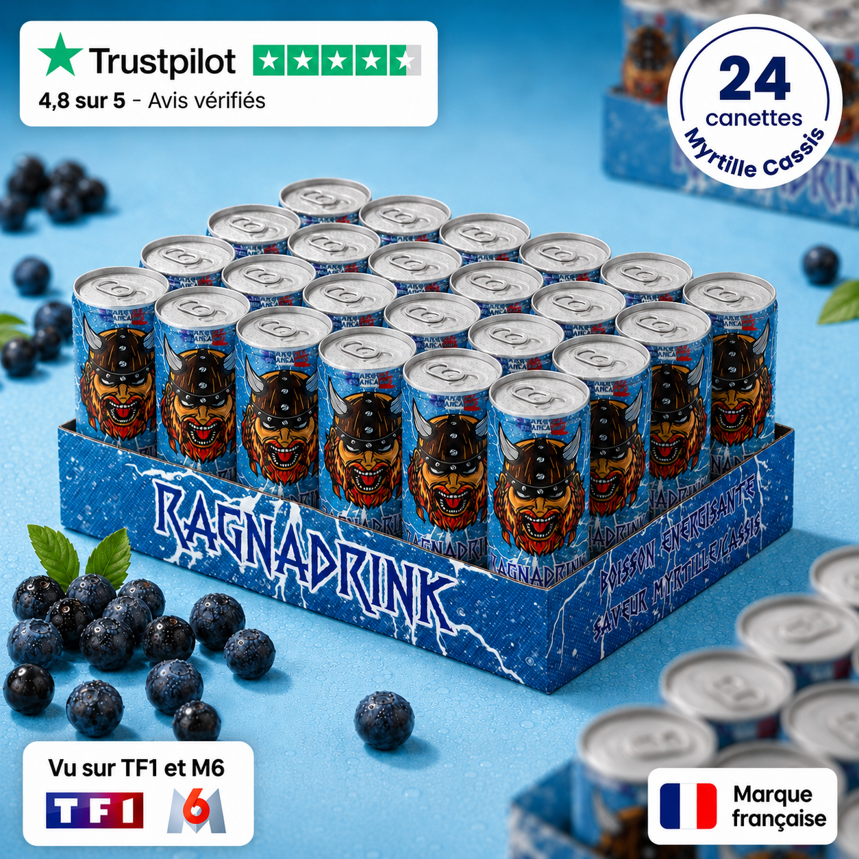Pack 24 canettes RagnaDrink Myrtille/Cassis – Boisson énergisante française