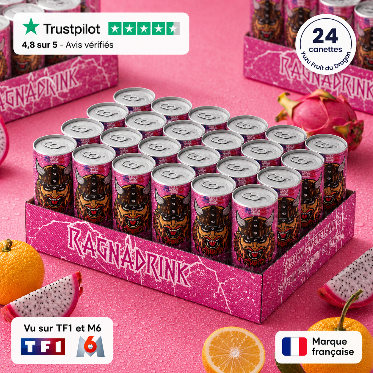 Pack 24 canettes RagnaDrink Fruit du Dragon – Boisson énergisante française