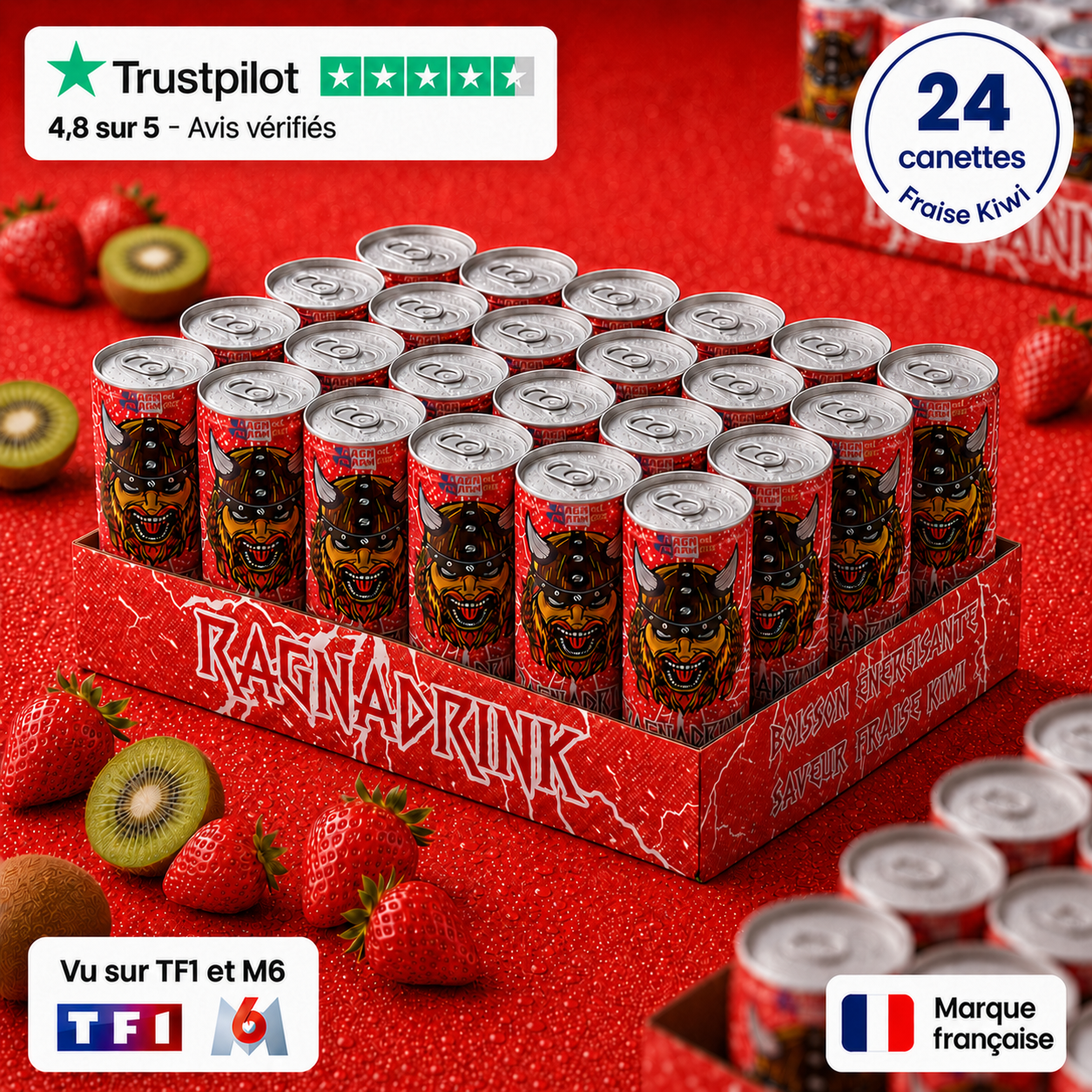 Pack 24 canettes RagnaDrink Fraise/Kiwi – Boisson énergisante française