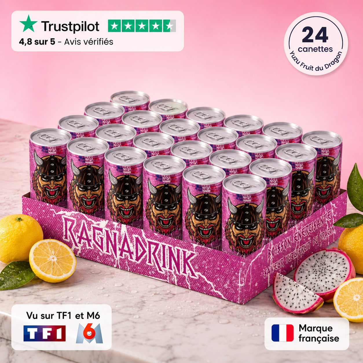 Pack 24 canettes RagnaDrink Fruit du Dragon – Boisson énergisante française