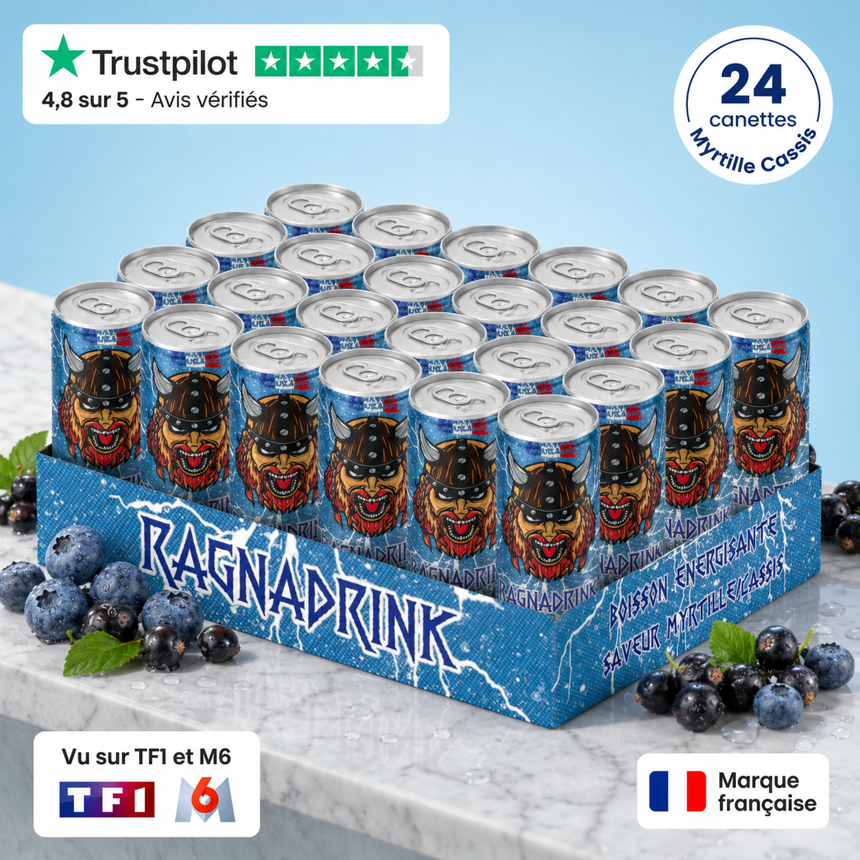 Pack 24 canettes RagnaDrink Myrtille/Cassis – Boisson énergisante française