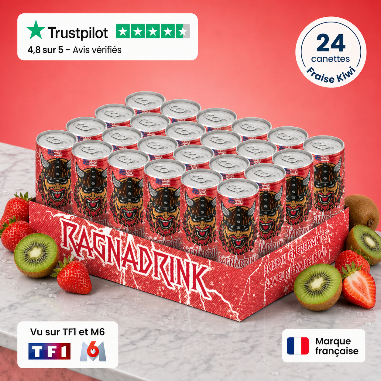 Pack 24 canettes RagnaDrink Fraise/Kiwi – Boisson énergisante française